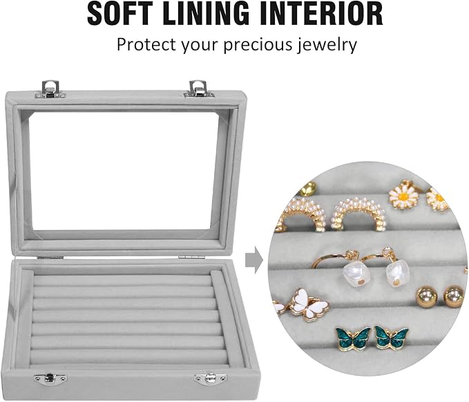 Vicoter Rings Organizer Tray 7 Slots Velvet Jewelry Earring Storage Box with Transparent lid Jewelry Display Case for Girls Wife Mom Women (Grey) - Image 3