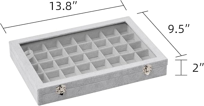 Frebeauty 40 Grid Jewelry Tray,Adjustable Earring Holder Organizer with Glass Lid,Velvet Drawer Jewelry Organizer for Rings,Studs,13.8 x 9.5 x 2 Inches Jewelry Display Box,Gift for Women(Grey) - Image 3