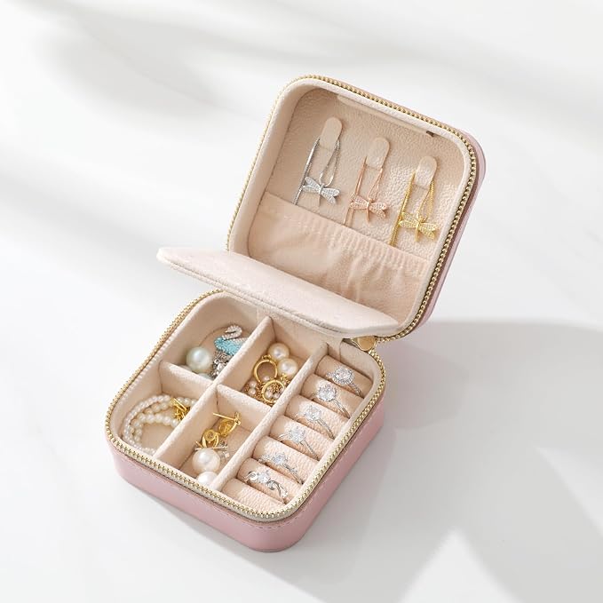 Genuine Leather Travel Jewelry Case Organizer with Mirror for Women, Small Jewelry Box Portable Mini Jewelry Case for Earring, Ring, Necklace, Bracelet(Pink) - Image 4