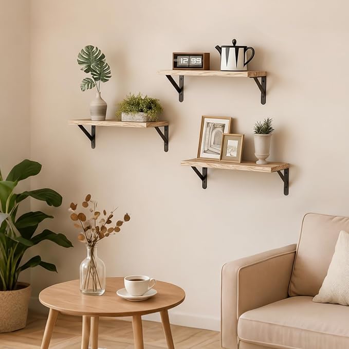Fixwal Floating Shelves for Wall, Wood Wall Mounted Shelves for Bedroom, Bathroom, Living Room, Kitchen Storage and Decor(Rustic Brown, Set of 3, 16.5 Inch) - Image 2