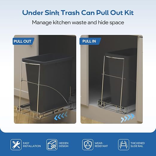 Pull Out Trash Can Under Cabinet & Under Sink - Heavy Duty Sliding Adjustable Cabinet Garbage Can Organizer, Requires Minimum Cabinets Opening 13" W X 18" D,Chrome Finish (Waste Bin Not Included) - Image 2