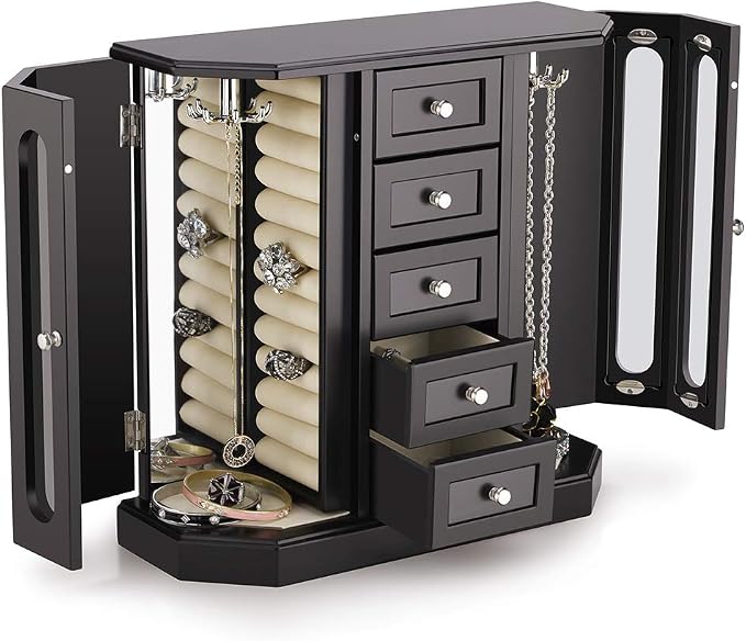 RR ROUND RICH DESIGN Jewelry Box - Made of Solid Wood with Cabinet Type 5 Drawers Organizer and 2 Separated Open Doors on 2 Sides and Large Mirror Black - Image 2