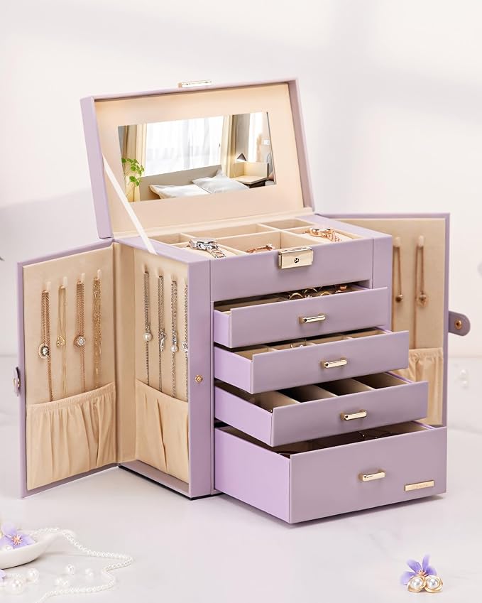 Homde Synthetic Leather Huge Jewelry Box Mirrored Watch Organizer Necklace Ring Earring Storage Lockable Gift Case (Grey Purple + Gold) - Image 9