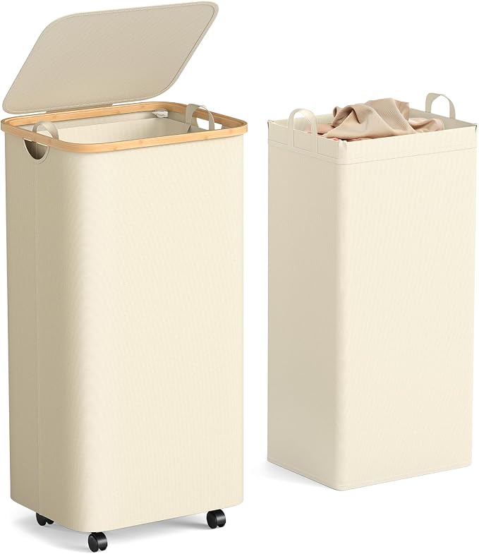 Yecaye 100L Large Capacity Laundry Hamper – Foldable Rolling Laundry Basket, Mobile Clothes Hamper with Wheels, Removable Inner Bag, Bamboo Handle Lid Laundry Bin – Multi-Use Storage,Beige by Yecaye