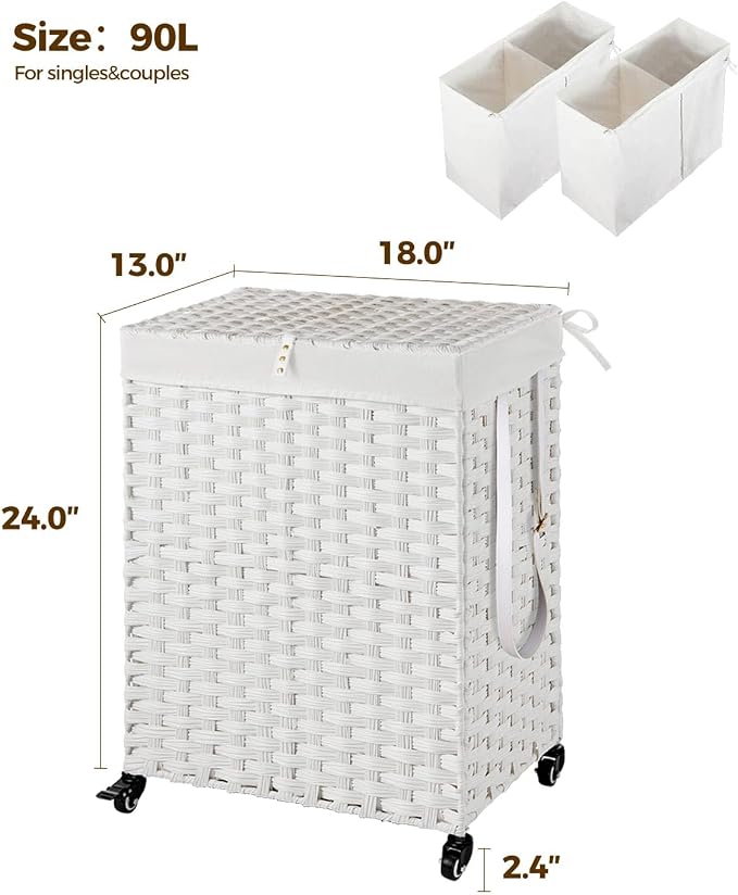 Greenstell Laundry Hamper with Wheels, No Install Needed, 90L Divided Handwoven Hampers & 2 Removable Liner Bags, Rattan Clothes Laundry Basket with Lid & Handles, Foldable Hampers White - Image 5
