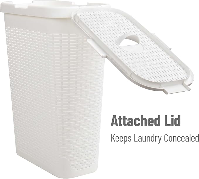 Mind Reader Slim Laundry Hamper with Lid, 40L Clothes Basket, Narrow Tapered Design with Ventilated Cutout Pattern, Plastic, Set of 2, White - Image 5