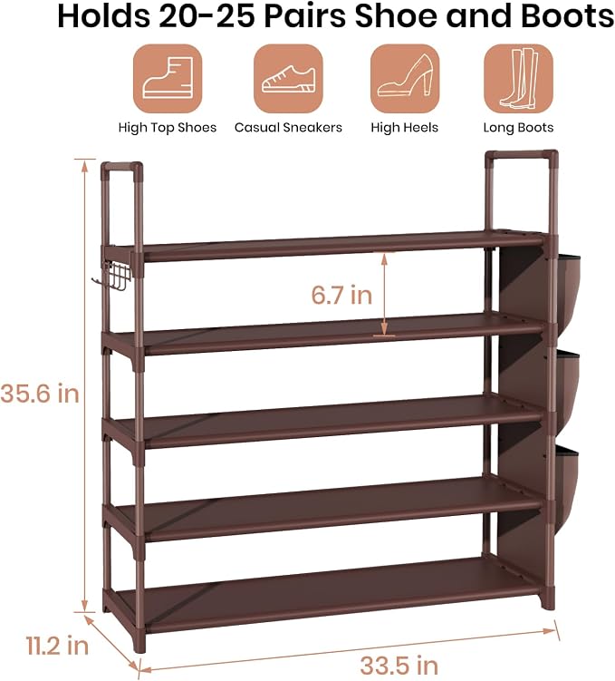 VILICK Shoe Rack for Closet Shoe Organizer Space Saver Storage for 20-25 Pair Shoe Shelf with Hook and Side Pocket Free Standing 5 Tier Shoe Rack Organizer for Entryway,Small Spaces, Brown - Image 3