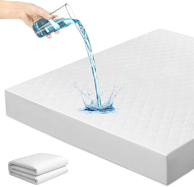 Waterproof Mattress Protector, Quilted Queen Size Mattress Cover Pad Fiber Layer Absorbent Extra Deep 30cm Fitted Skirt Breathable Washable Mattress Topper for Home and Hotel Use 150x200cm