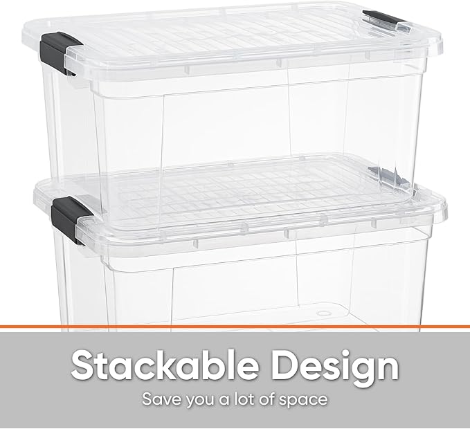 Superio Clear Storage Boxes with Lids, 21 Quart Plastic Container Bins for Organizing, Stackable Crates, BPA Free, Non Toxic, Odor Free, Organizers for Home, Office and Dorm, 8 Pack