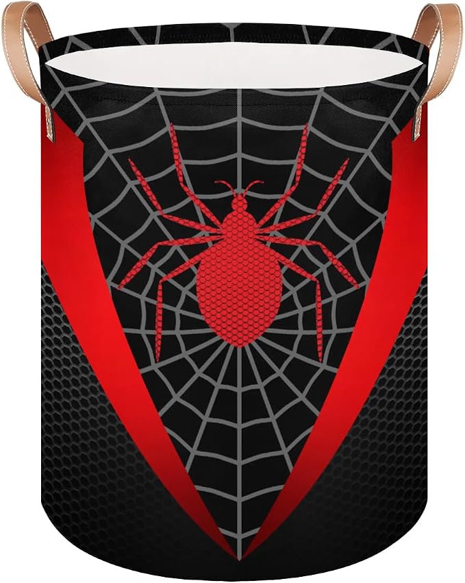 Black Spider Web Large Laundry Hamper Basket, Round Collapsible Storage Organizer Bin for Kids, Boys, Nursery, Closet, Bedroom, Playroom, Toys, Dirty Clothes, 16" W x 20" H by LLCXCSI