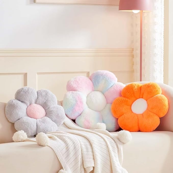 Kcvvcr Flower Pillow Cute Decorative Throw Pillow with Faux Rabbit Fur Soft Daisy Plush Floor Cushion Aesthetic Flower Shaped Pillow Home Decor for Bed Sofa Couch (Orange 19.6 Inch)