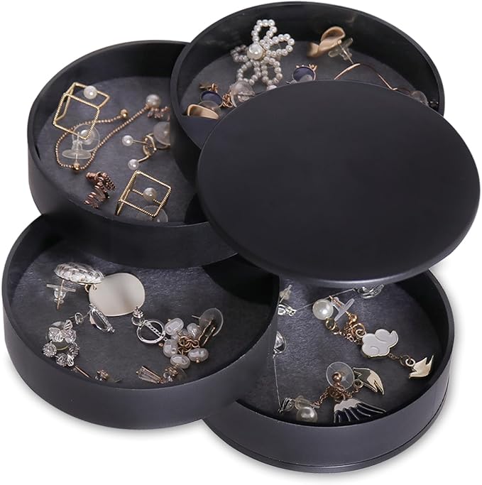 CONBOLA Jewelry Organizer, Small Jewelry Storage Box Earring Holder for Women, 5-Layer Rotating Travel Jewelry Tray Case with Lid for Bracelets Rings Bracelets(Black) by CONBOLA