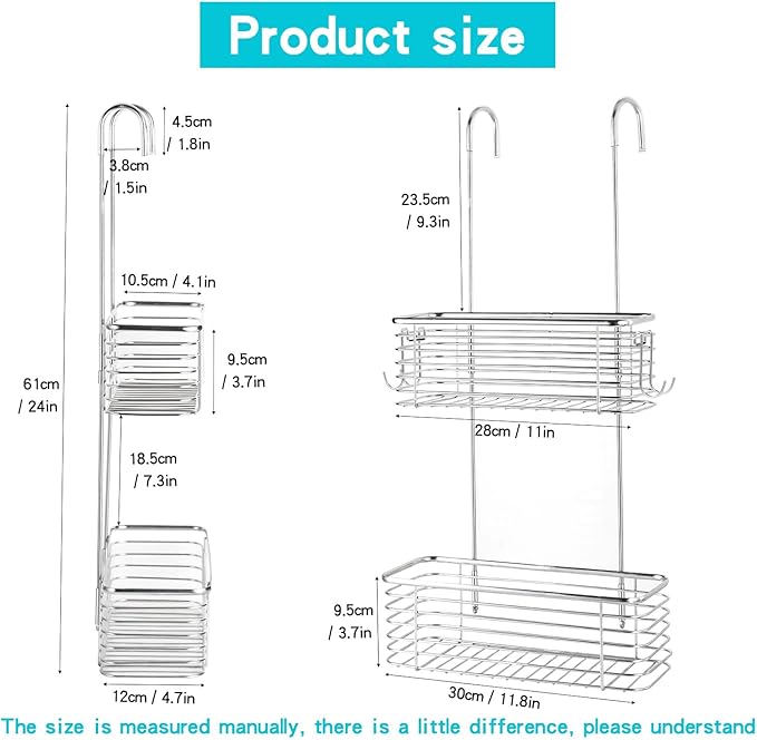 YQh Stainless steel double-layer shower rack, shower room hanging bathroom organizer, storage rack installed on the hanging bar or door, can store shampoo, hair conditioner, shower gel (double) - Image 2