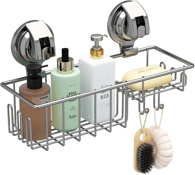 TESOT Suction Cup Shower Shelf, Shower Caddy Soap Dish with Hooks for Sponge, Rust Proof 304 Stainless Steel, Silver - Image 2