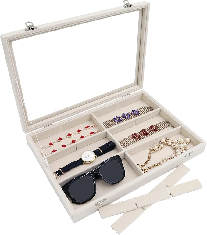 Stratalife Jewelry Organizer Bracelet Organizer Storage Box 12 Grid Stackable Jewelry Tray with Lid Velvet Jewelry Box for Drawer Necklace Bracelet Display Storage Organizer Box (Beige) - Image 5