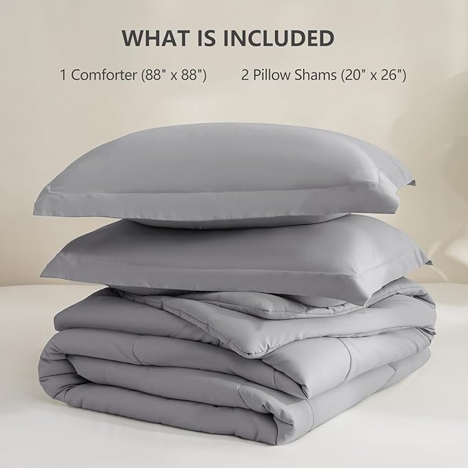 CozyLux Queen Comforter Set - Grey Comforters Queen Size, 3 Pieces Box Stitched Bed Set for All Seasons, Soft Lightweight Bedding Sets with 1 Down Alternative Comforter and 2 Pillow Shams