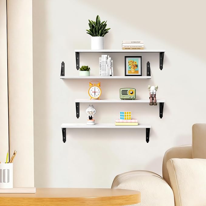 ROMGUAR CRAFT Wood Floating Shelves Set of 4, Rustic Storage Decor Wall Shelves, Wall Mounted Shelf for Living Room, Bedroom 23.6" x 6", White - Image 4