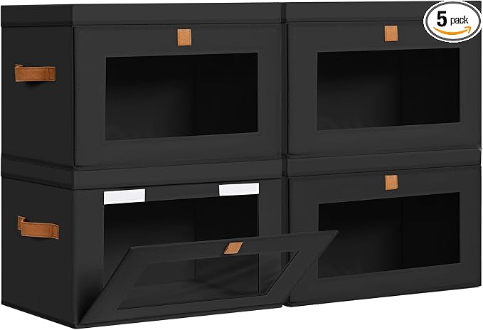 DIMJ Storage Bins with Lids - 4 Pack Large Fabric Closet Organizer with Window & Handles, Collapsible Decorative Storage Boxes for Shelves Under Bed, Books Clothes Blankets Sweaters Organization by DiMJ