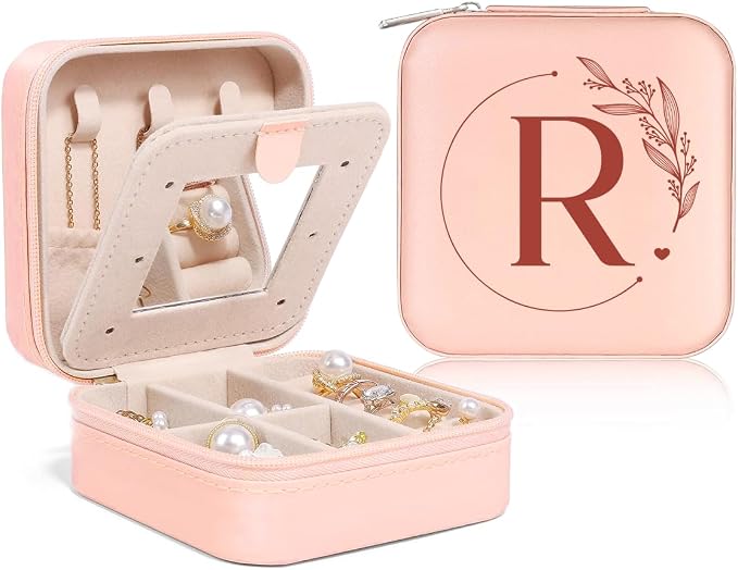 SANDJEST Personalized Jewelry Box, Pink Small Travel Jewelry Box with Initial R, Monogrammed Jewelry Case Organizer for Girls Women Teen, Mini Travel Essentials Gifts for Christmas Birthday by SANDJEST