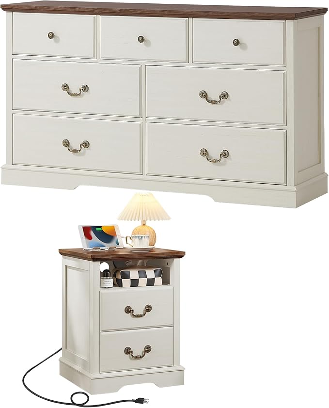 Farmhouse Dressers & Night Stand,54" Wide 7 Drawer Dresser& 18" Wide End Table with Charging Station,Furniture Dresser Sets for Home White