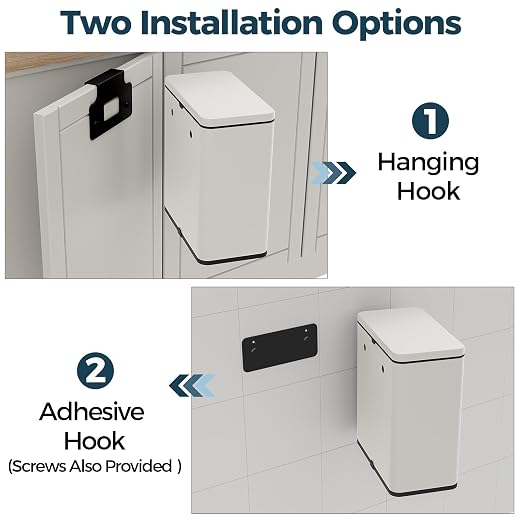 Stainless Steel Hanging Trash Can with Lid and Inner Bucket, 2 Gallon Kitchen Compost Bin for Counter Top, Under Sink or Wall Mount, Small Garbage Can for Cupboard/Bathroom/Bedroom/RV, White - Image 2