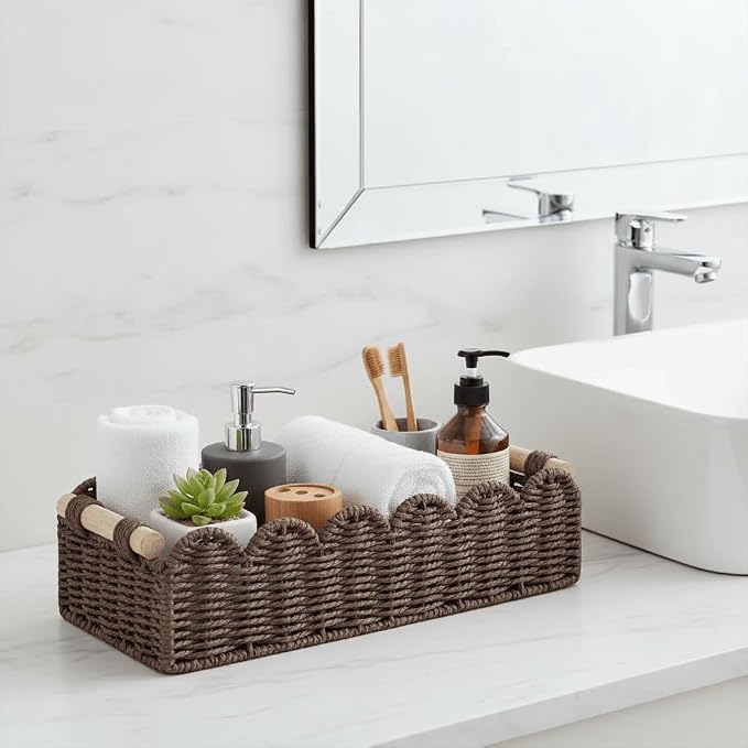 CubesLand Paper Rope Scalloped Edge Shelves Storage Basket, Woven Toilet Paper Baskets for Over Toilet Storage Shelf, Ending Table, Floating Shelves Organizing or Home Décor, with Wood Handle, Brown - Image 4