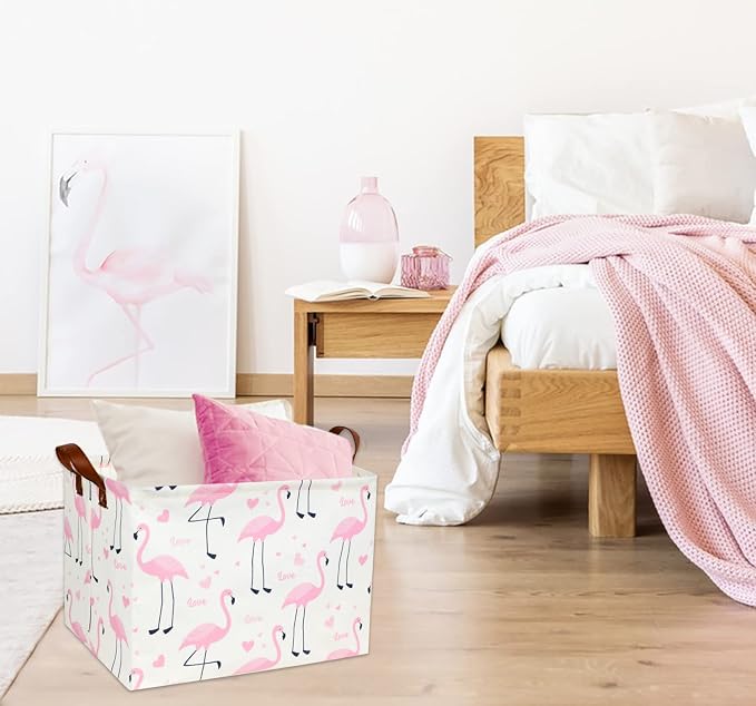 Flamingo Pink Basket Nursery Girl Baby Storage Basket Rectangular Cute Pattern Kids Toy Storage Bin Organizer Book Shelf Basket Baby Girls Flamingo Room Decor(Love Flamingo) - Image 2