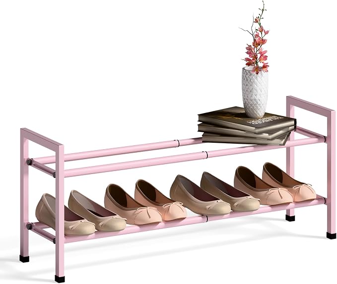 Bumusty 2-Tier Expandable Shoe Rack for Closet, 18“-33” Adjustable Shoe Rack for Small Space, Small Shoe Organizer for Front Door, Sturdy Metal, Pink by BUMUSTY