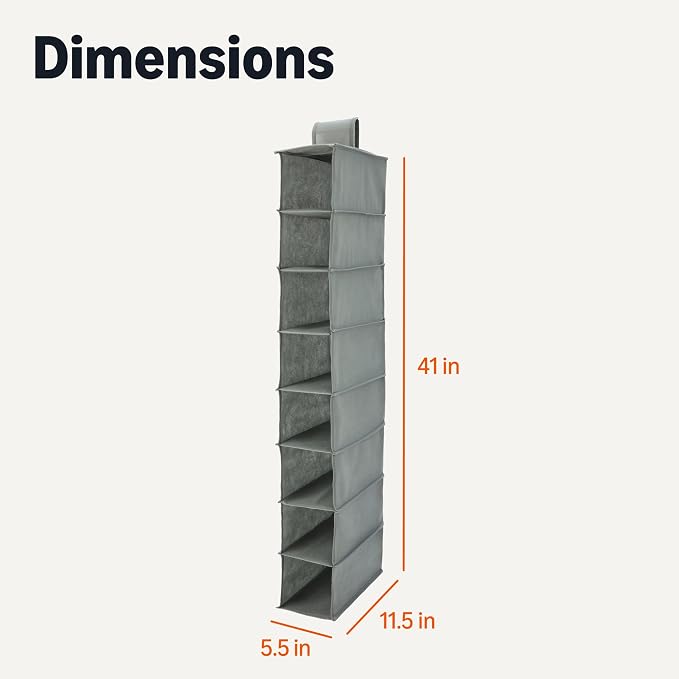 Amazon Basics 8-Tier Hanging Closet Shelf Shoe Organizer, Space Saving Storage, Foldable, 11.5 x 41 x 5.5 in, Dark Grey | for Closet Storage - Image 2