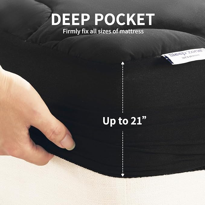 SLEEP ZONE Queen Mattress Pad, Cooling Mattress Topper, Quilted Fitted Mattress Cover, Machine Washable Mattress Protector, Soft Fluffy Down Alternative, Deep Pocket 8~21 inch (Black, Queen)