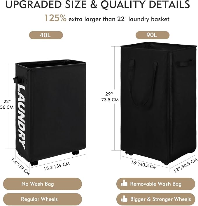 DOKEHOM 90L X-Large Laundry Basket with Removable Wash Bag on Wheels, Collapsible Rolling Laundry Hamper, Foldable Clothes Organizer, Folding Washing Bin (Black) - Image 3