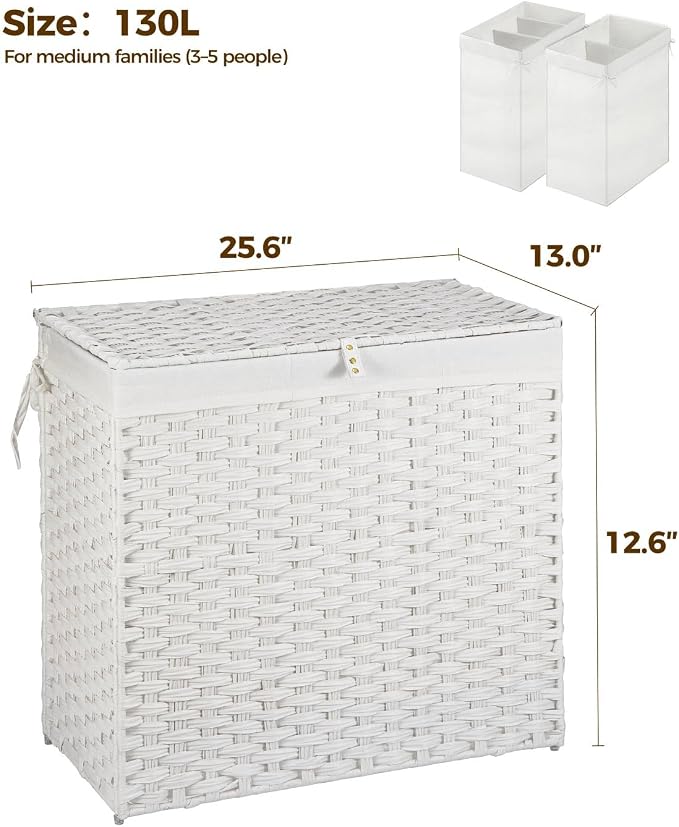 Greenstell Laundry Hamper with Wheels&Lid,130L Large 3 Sections Clothes Hamper with 2 Types Removable Liner Bags, 5 Mesh Laundry Bags, Handwoven Divided Laundry Basket White - Image 8