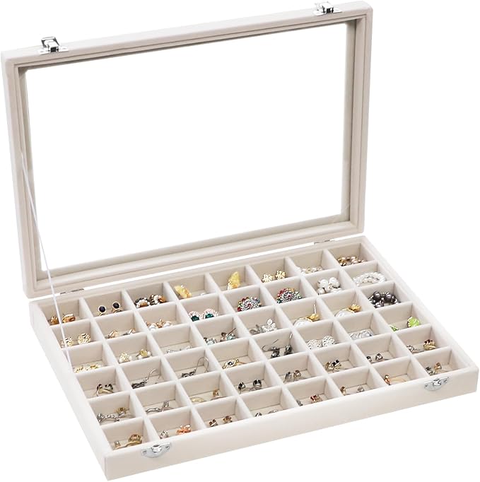 Stratalife Jewelry Organizer 48 Grid Jewelry Trays with Dust-proof Lid Velvet Earring Organizer Ring Holder Accessories Box Necklaces Earrings Storage for Women Drawers Cream by Stratalife