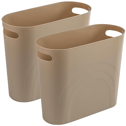 rejomiik Small Trash Can, Slim Garbage Can Plastic Waste Basket with Handles 3.5 Gallon Container Bin for Narrow Spaces Bathroom, Bedroom, Kitchen, Office at Home, 2 Pack Khaki by rejomiik