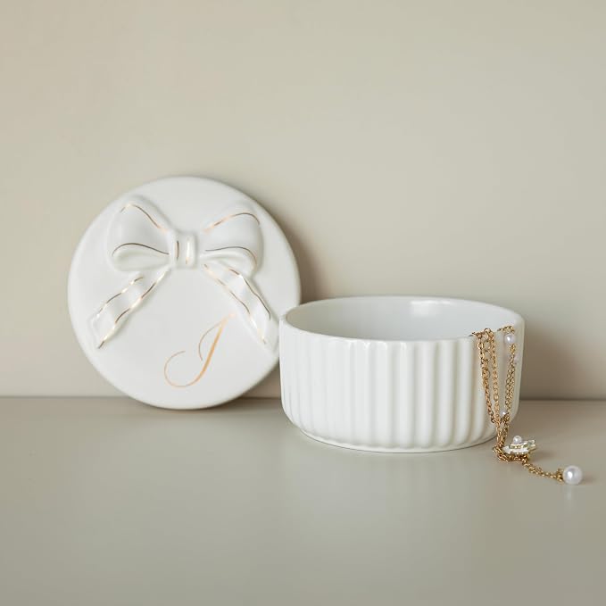 COLLECTIVE HOME - Monogram Jewelry Box with Bow, Christmas Gift Ideas for Women, Small Gift for Girlfriend Wife, Ring Holder, Earrings Dish, Birthday Gift for Her (I) by COLLECTIVEHOME
