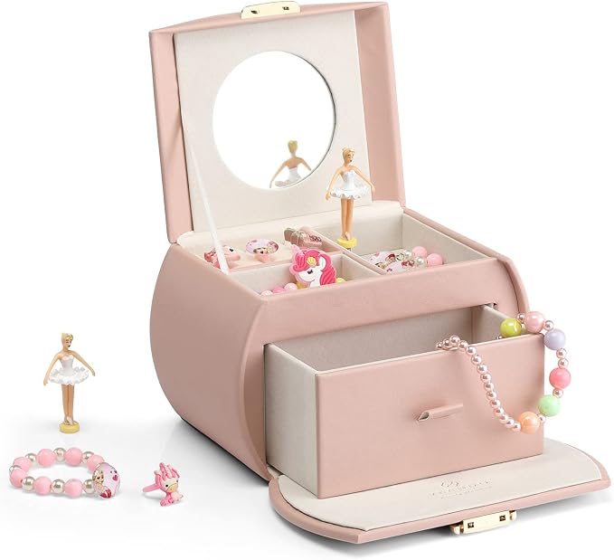 Vlando Musical Jewelry Box with Spinning Ballerina, Lockable Girls’ Jewelry Organizer for Necklaces Rings and Hair Accessories, Gift for Girls and Kids, Pink by VLANDO