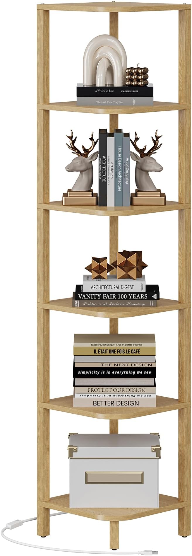 TUTOTAK Corner Shelf with LED Light, 6-Tier Corner Bookshelf for Small Space, Narrow Display Corner Shelf Stand with Storage Rack, for Living Room, Bedroom, Natural BS08BN006L - Image 8