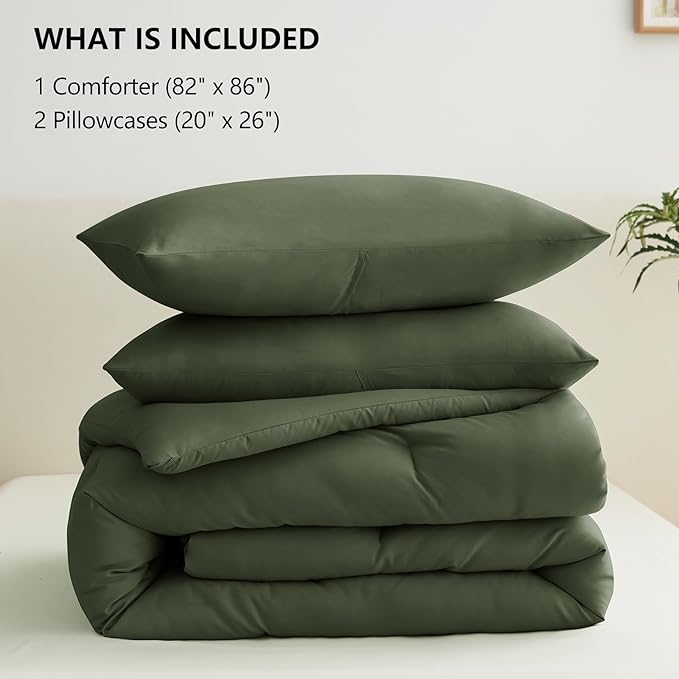 CozyLux Full Size Comforter Set Olive Green, 3 Pieces Solid Breathable Quilted Bedding Sets, Luxury Lightweight Soft Bed Set with Down Alternative Comforter and 2 Pillowcases for All Seasons
