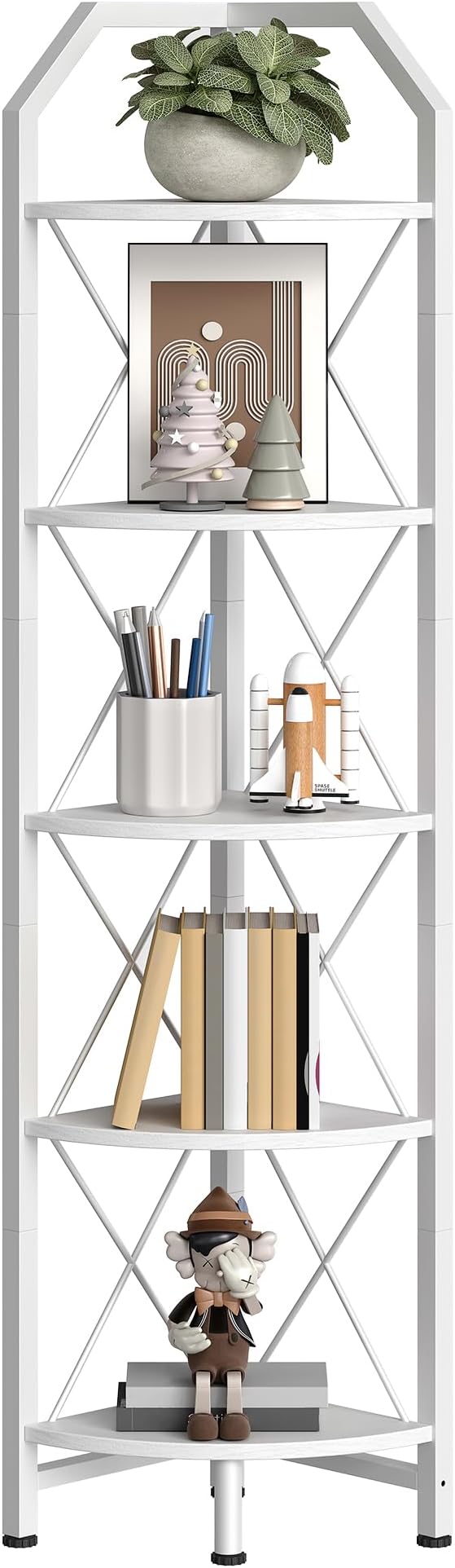 CHOEZON 5-Tier Corner Shelf, Industrial Corner Bookshelf, 59.4" Corner Storage Stand, Plant Stand Display Shelf, Corner Bookcase for Bedroom, Living Room, Home Office, White TCJ10WB - Image 6