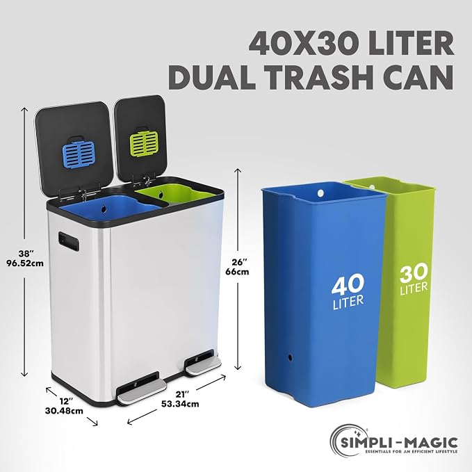 Simpli-Magic 70 Liter / 18.5 Gallon Rectangular Hands-Free Dual Compartment Recycling Kitchen Step Trash Can with Soft-Close Single Lid, Stainless Steel (40L x 30L Capacity), White - Image 3