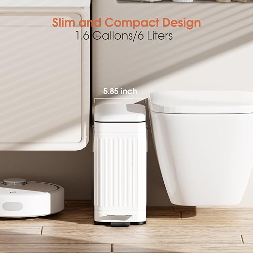 Small Bathroom Trash Can with Lid Soft Close, 6L / 1.6 Gallon Stainless Steel Small Garbage Can with Step Pedal, Slim Waste Basket for Bedroom, Toilet, Office - White - Image 2