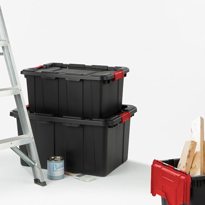 Sterilite 12-Pack Industrial Tote, Plastic Storage Bins with Lids, 15 Gallon, Black - Heavy-Duty Organizing Containers for Closet, Bathroom, and Office