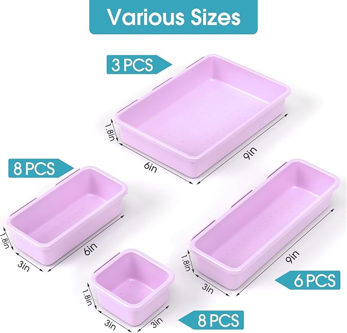 25 PCS Drawer Organizer Set, 4 Size Makeup Drawer Divider Organizer With Non-Slip Pads, Interlocking Plastic Storage Bins for Office,Jewelry Vanity,Gadgets, Bathroom,Kitchen, Purple - Image 2