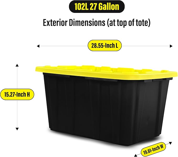 BLACK & YELLOW 27-Gallon Storage Bin with Snap-on Lid, Heavy Duty Plastic Storage Bins with Lid, Stackable, 2 Pack - Image 3