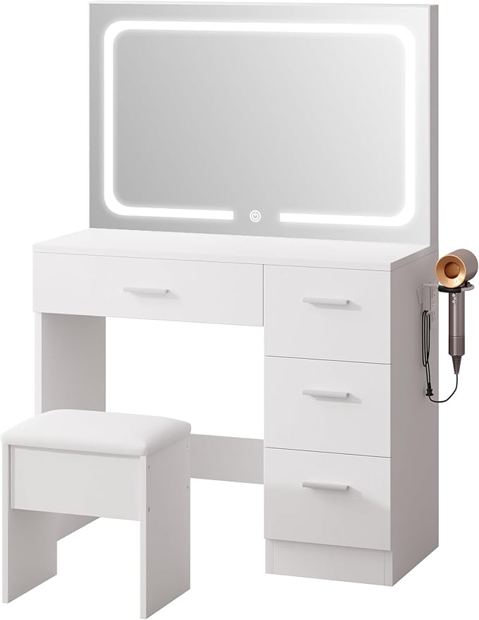 LIVELYGLOW Makeup Vanity Desk with Charging Station & LED Mirror – 35.4" Vanity Set with 4 Drawers, 3 Lighting Modes – Modern Bedroom Furniture (15.7" D x 35.4" W x 53.9" H), White
