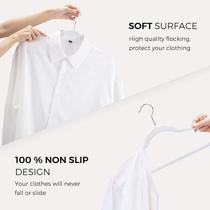 HOUSE DAY Premium Velvet Hangers 50 Pack, Non-Slip Flocked Felt Hangers, Sturdy Clothes Hangers with 360° Rotatable Hook, Heavy Duty Coat Hanger, Durable Slim White Hanger for Closet Space Saving - Image 6