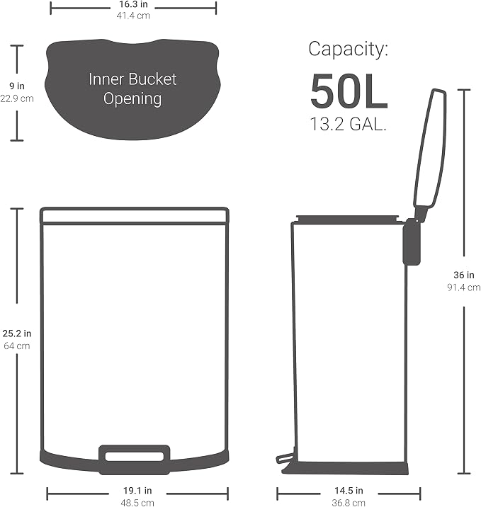 QUALIAZERO 50L/13Gal Heavy Duty Hands-Free Stainless Steel Commercial/Kitchen Step Trash Can, Fingerprint-Resistant Soft Close Lid Trashcan, 13Gal, D Shape - Image 3