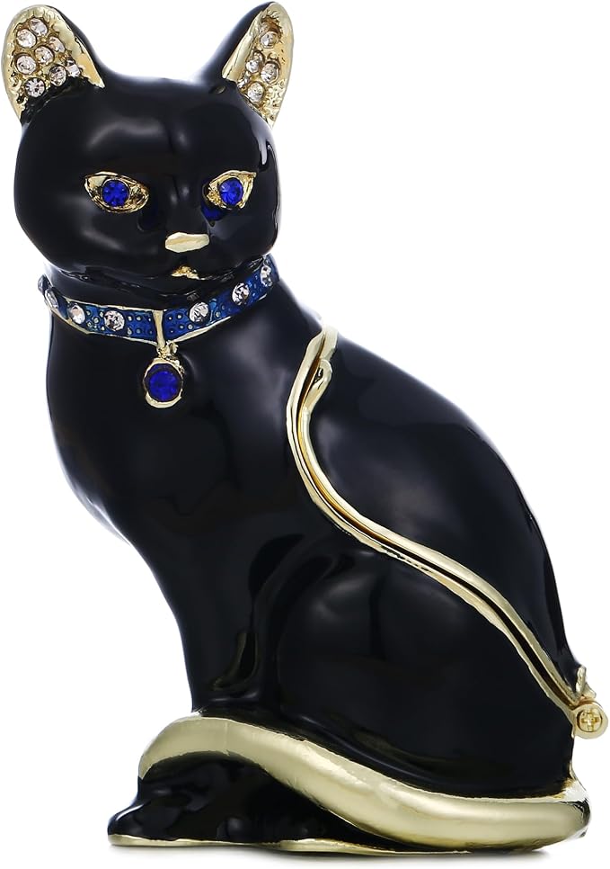 Hand Painted Animal Trinket Box for Home Decor, Hinged Jewelry Organizer Storage, Unique Personalized Collectible Keepsake Figurine Handmade Decorative Ornament Gifts (Black Cat) by AzurtLCX