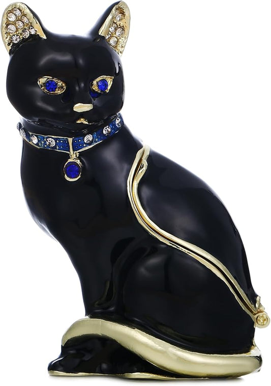 Hand Painted Animal Trinket Box for Home Decor, Hinged Jewelry Organizer Storage, Unique Personalized Collectible Keepsake Figurine Handmade Decorative Ornament Gifts (Black Cat) by AzurtLCX