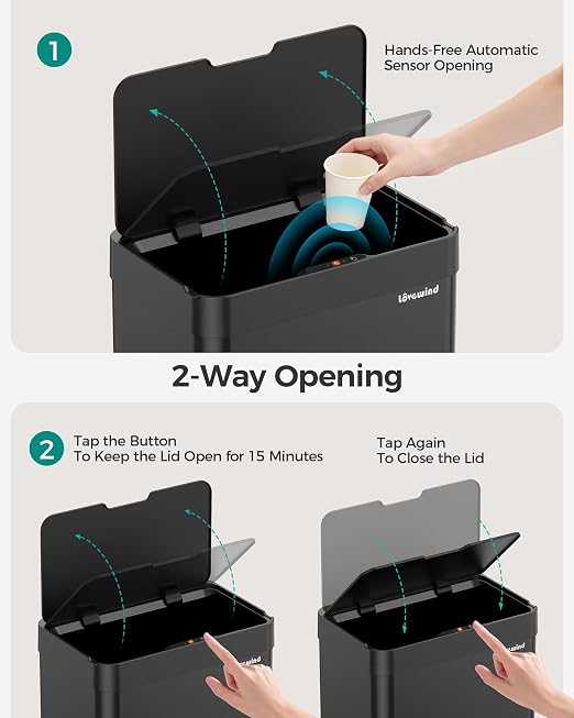 Kitchen Trash Can Touchless, 13 Gallon/50 Liter Stainless Steel Automatic Motion Sensor Trash Can, Type-C Rechargeable Garbage Can with Lid, Silent Close, Touchless Trash Bin for Home Kitchen, Black - Image 5
